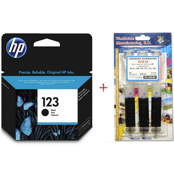 Картридж HP для Deskjet 2130 HP №123 Black + Заправочный набор Black (Set123B-inkHP) - Фото №1