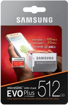 Карта пам&#39;яті Samsung 512GB microSDXC C10 UHS-I U3 R100/W90MB/s Evo Plus + адаптер SD - Фото №1