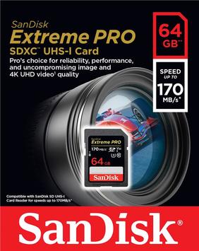 Карта пам&#39;яті SanDisk 64GB SDXC C10 UHS-I U3 R170/W90MB/s Extreme Pro - Фото №1